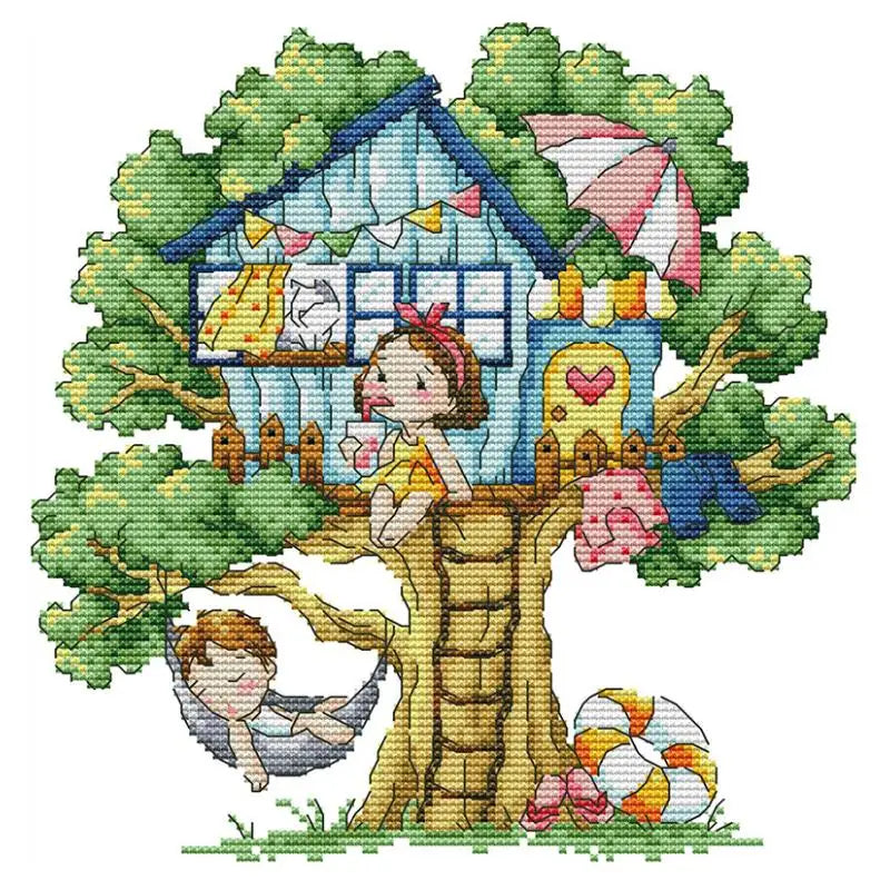 toile broderie maison arbre personnages décorations saisonnières oiseaux papillons champignons balançoire hamac noël guirlandes