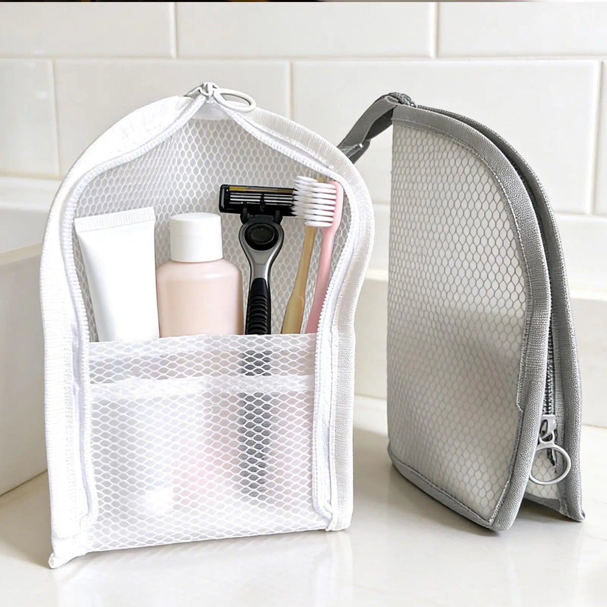 trousse maquillage portable étanche voyage sac cosmétique maille réutilisable blanc rose moderne