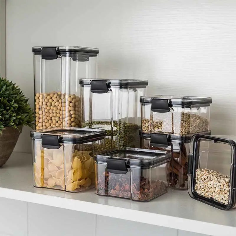 boîtes rangement alimentaire transparentes poignées noires multiple tailles réutilisables modernes pratiques épices pâtes graines