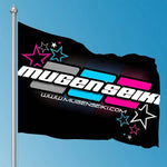 drapeau decoration sportif logo mugen seiki texte ifmar world champions polyester noir bleu violet