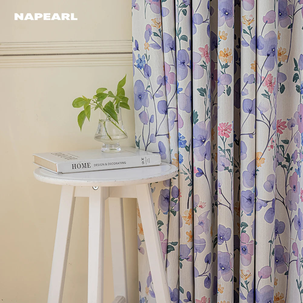 rideau floral violet semi transparent bohème romantique salon moderne tringle rideaux