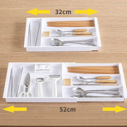 organisateur tiroir extensible blanc assiettes couverts ustensiles cuisine minimaliste adaptable rangement efficace