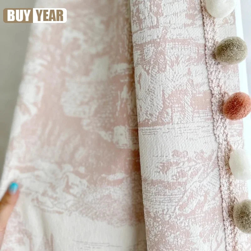 rideau rose clair vintage toile jouy classique opacité fenêtre pompons moderne