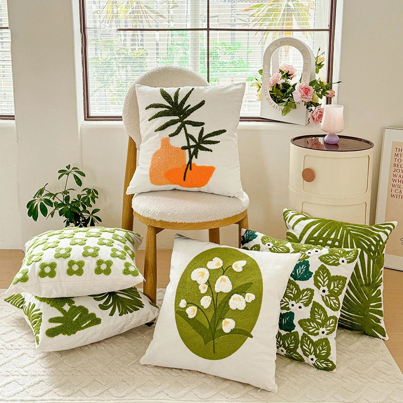 coussin carré 45x45 cm brodé feuille verte moderne décoration printanière