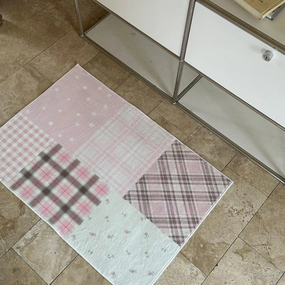 tapis rose gris moderne carreaux géométriques antidérapant polyester salon chambre