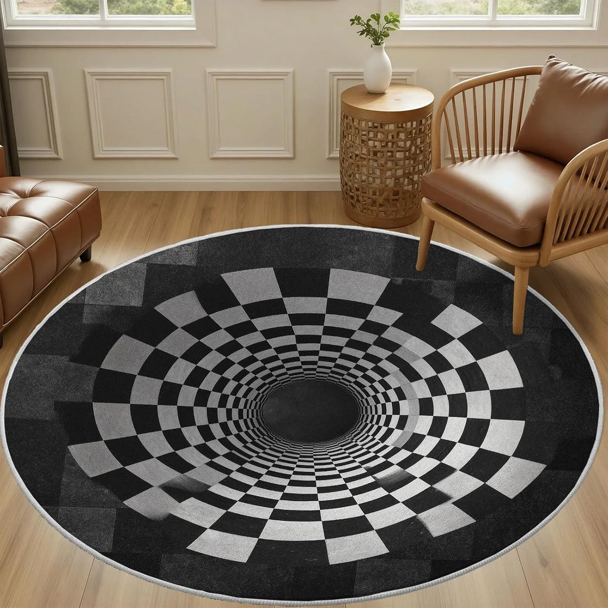tapis rond moderne optique points carreaux noir blanc orange bleu 80x80cm 120x120cm