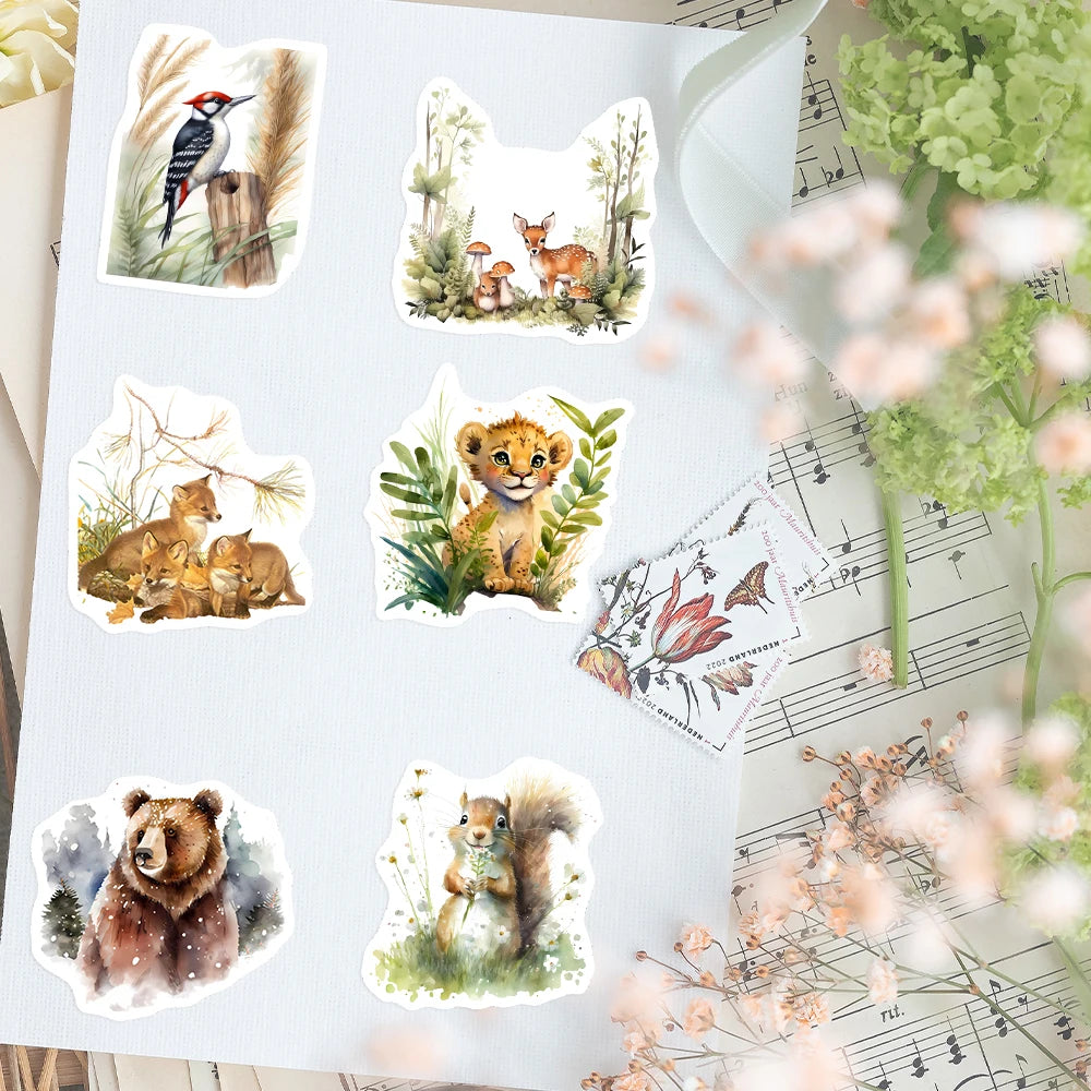 stickers animaux forêt multicolores aquarelle adhésifs imperméables usage unique pc eau carnet notes modernes