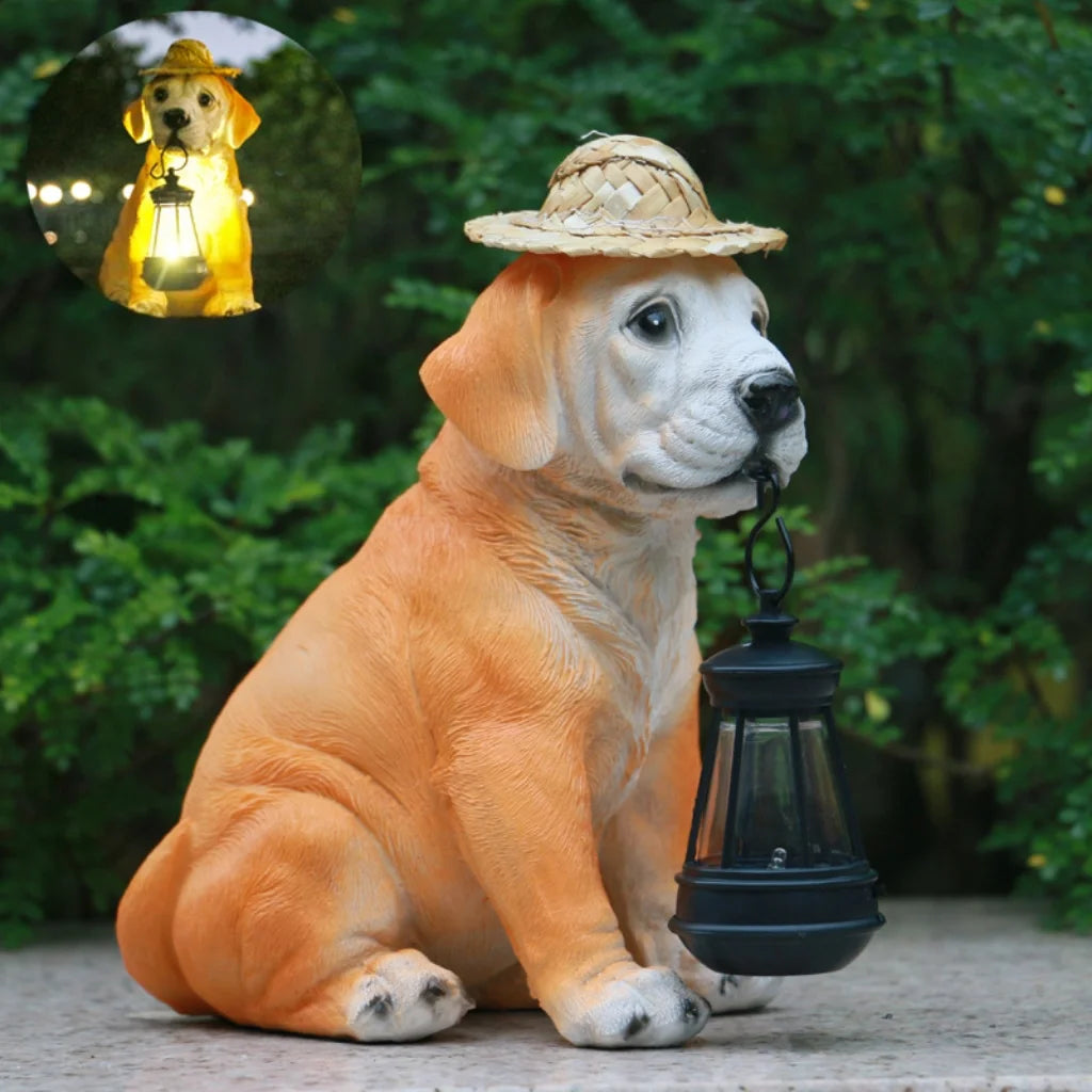 statue solaire chien lanterne chapeau paille décoration extérieure nuit réelle texture rustique charmante led