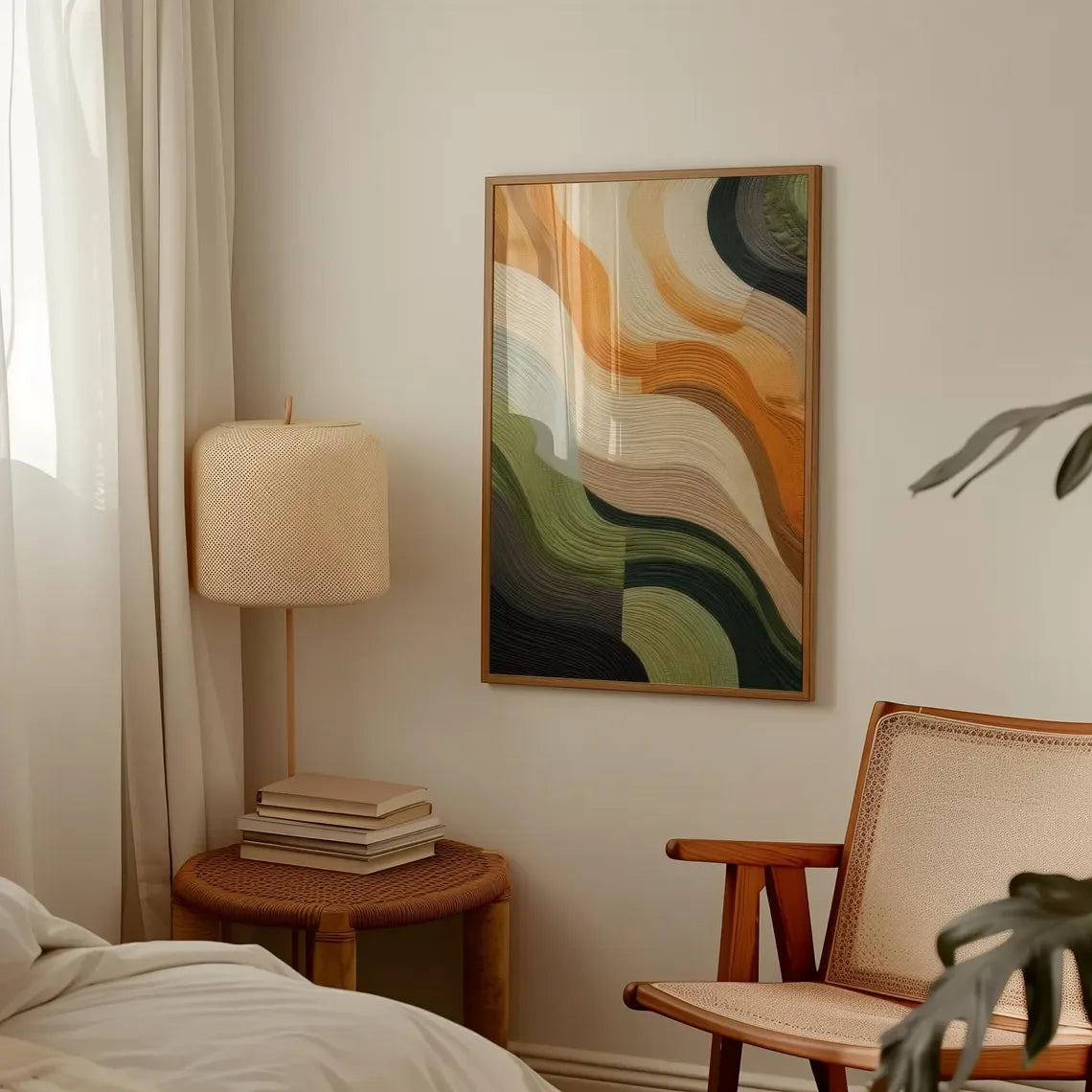 tableau abstrait ondulé orange vert beige noir moderne impression toile rectangle vertical chambre salon