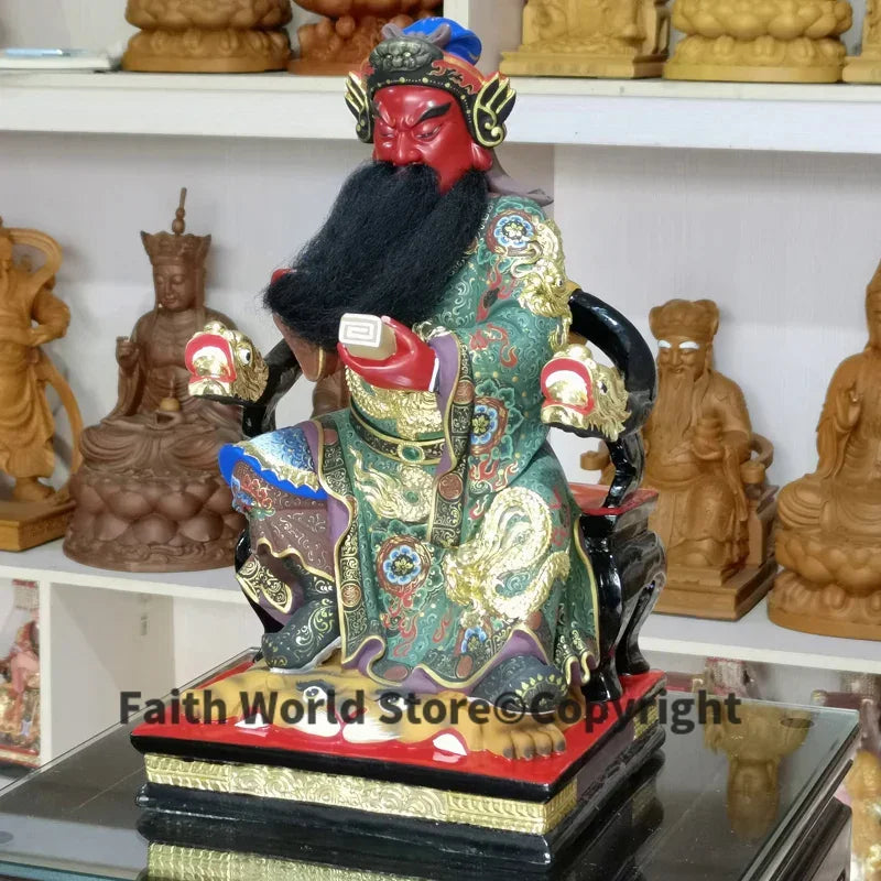 statue divinité asiatique bois peint couleurs rouges vertes décoration florale animale