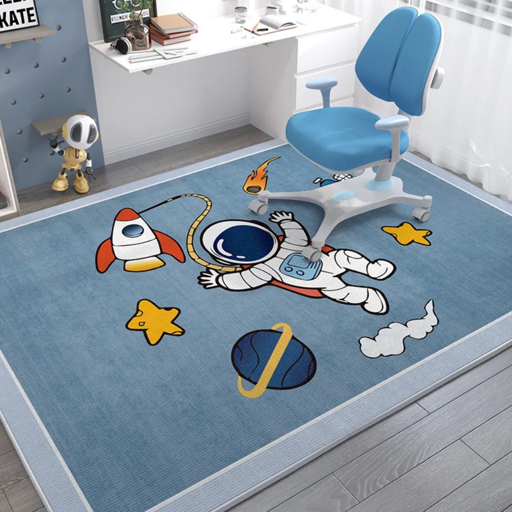 tapis sol enfant motif astronaute fusée espace chambre bébé salon décoration moderne bleu
