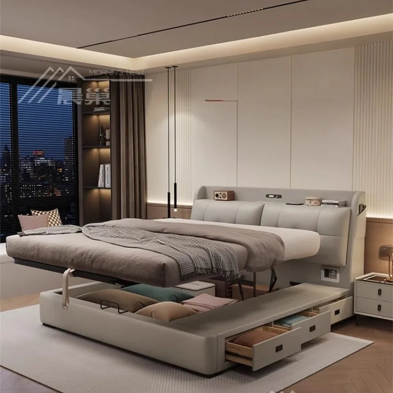 lit double moderne gris clair bois simili cuir tiroirs rangement tablette
