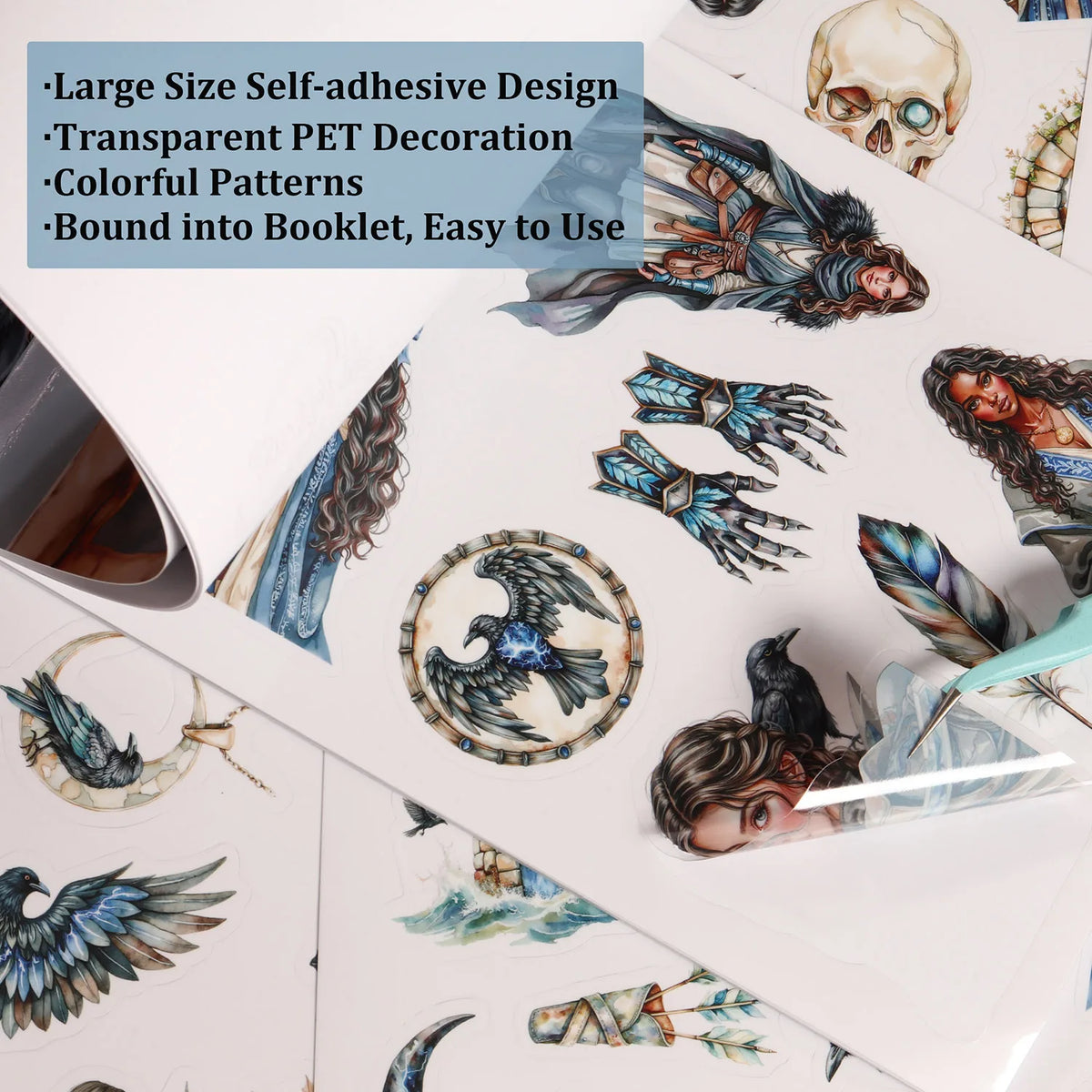 autocollants fantaisie personnages oiseaux floraux transparent adhésif bleu gris blanc noir scrapbooking décoration verre