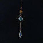 bijou pendentif cristal or bleu violet vert formes géométriques motifs oculaires translucides boho chic