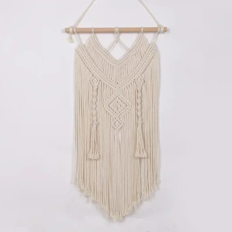 tapisserie macramé boho chic beige motifs géométriques franges moderne suspension maison