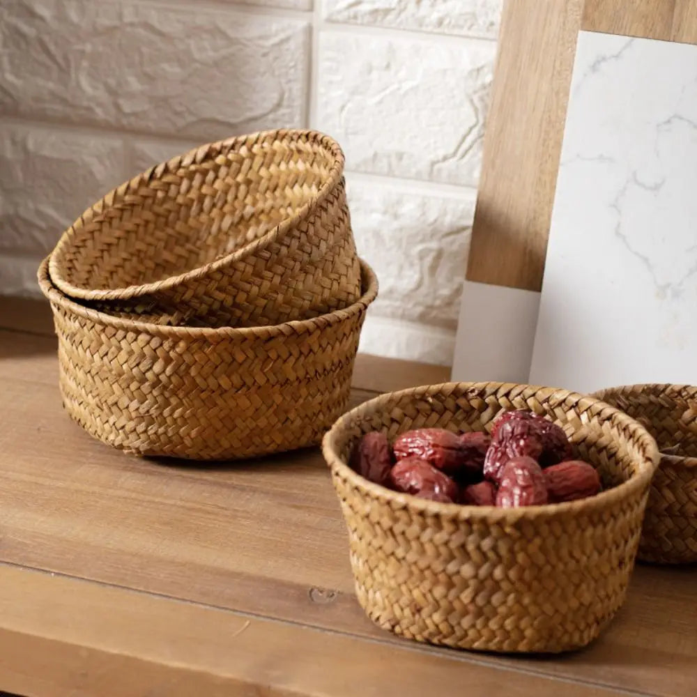 paniers rangement tressés bambou rustique rangement fruits légumes blancs marrons