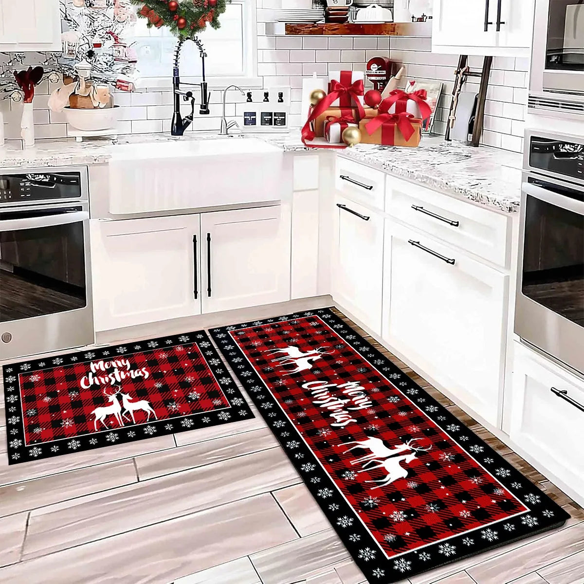 tapis sol carreaux rouge noir blanc sapins rennes noel merry christmas festive déco