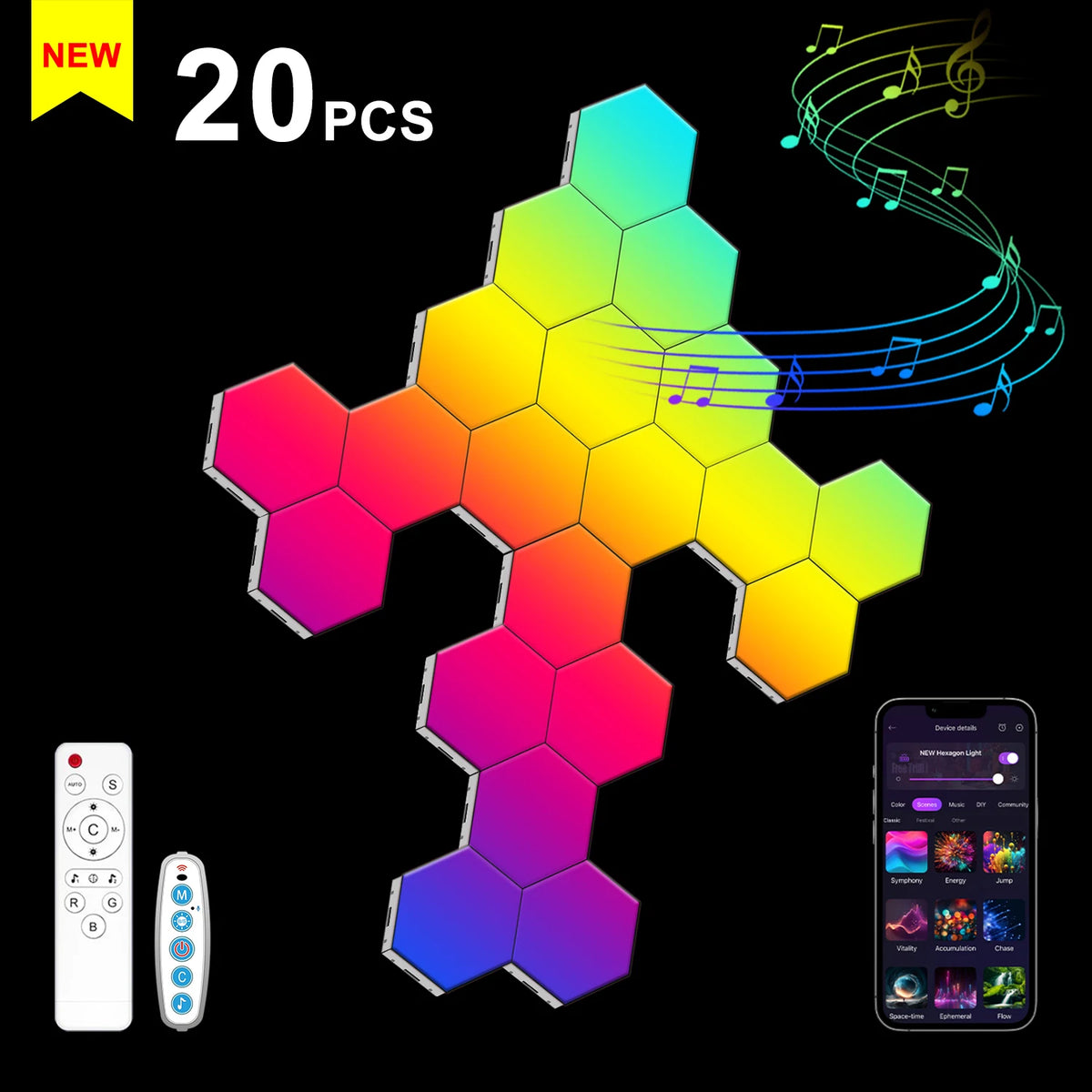 lampe murale hexagonale multicolore diy clips application mobile moderne gradation couleurs veilleuse led