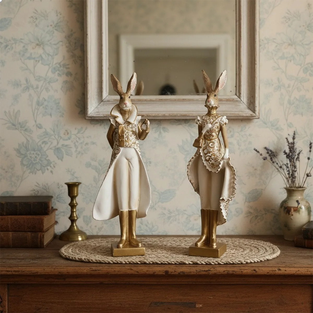 statues lapins vintage élégantes résine or blanc motifs floraux cage oiseaux livres anciens 32.5cm