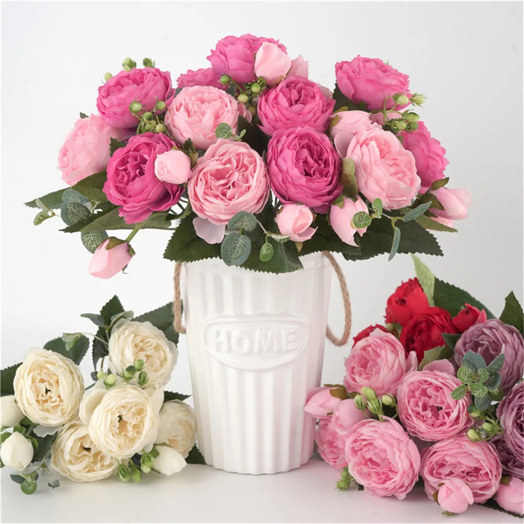 bouquet fleurs artificielles rose pivoine gypsophila mariage anniversaire décoration intérieureextérieur 30cm