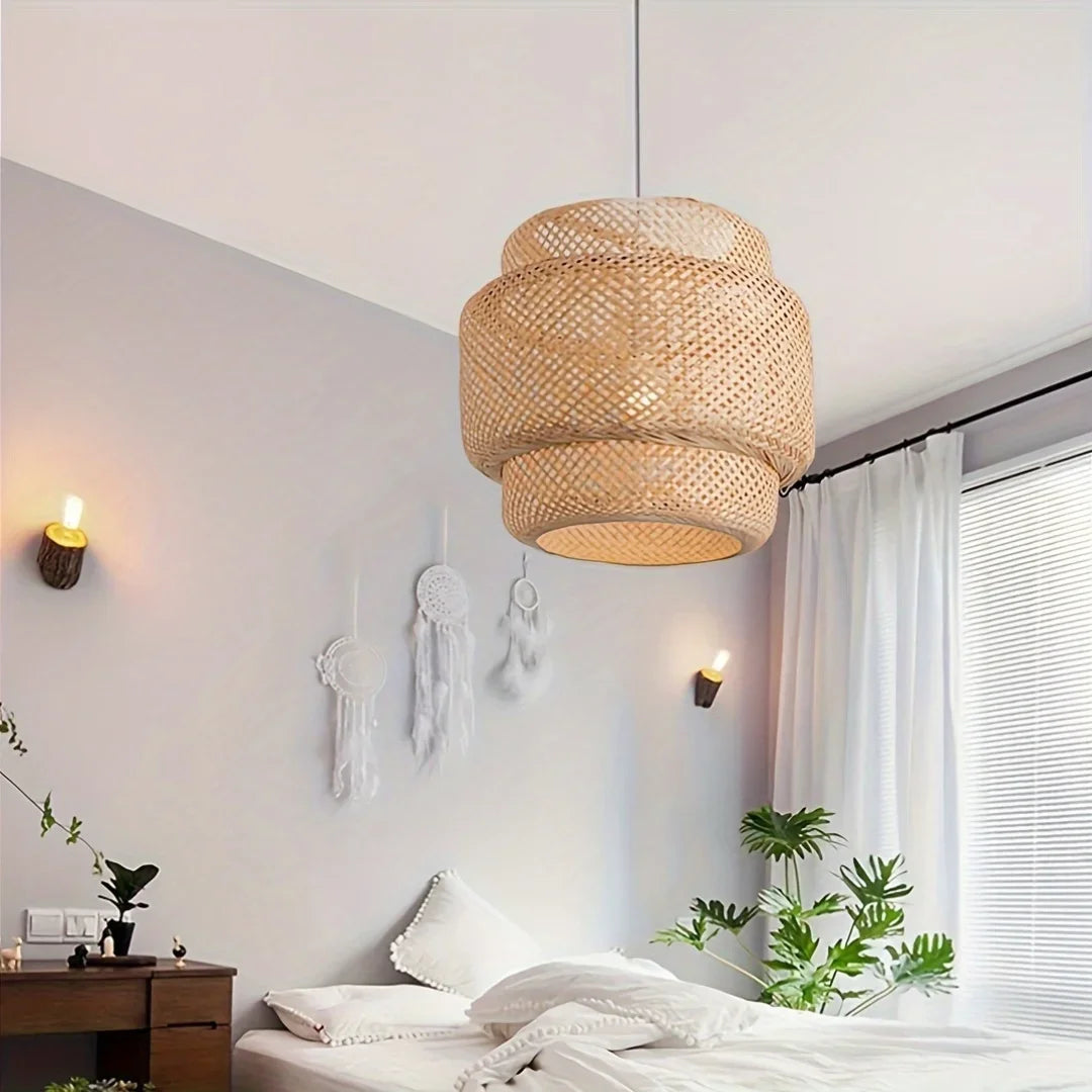 plafonnier suspendu bambou tressé niveaux 30cm rustique bohème semi transparent chambre cuisine farmhouse
