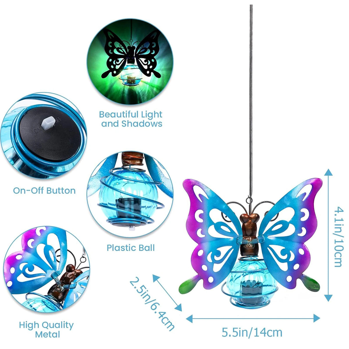 lampe solaire décorative papillon transparent moderne bleu violet vert métal bouton allumage