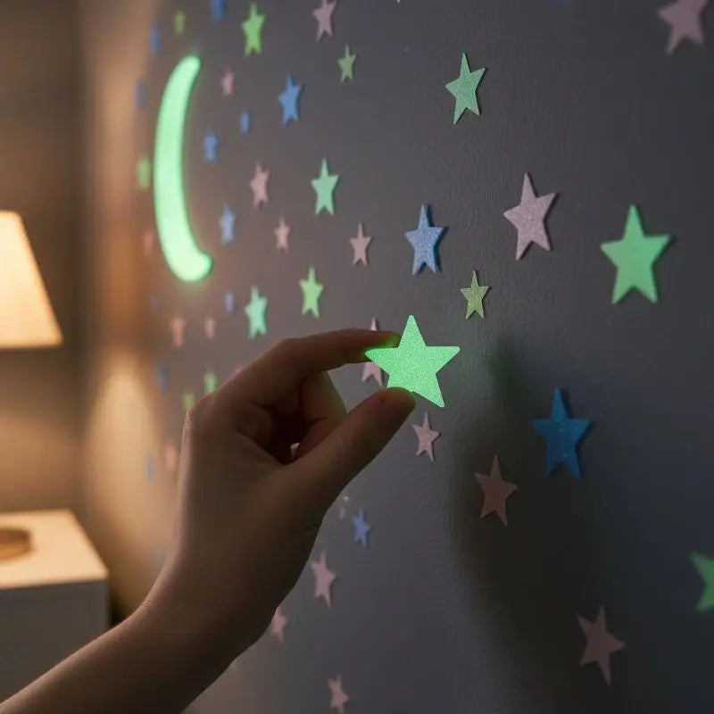 stickers muraux lumineux étoiles lune vert bleu rose jaune modernes réutilisables chambre fenêtre fête