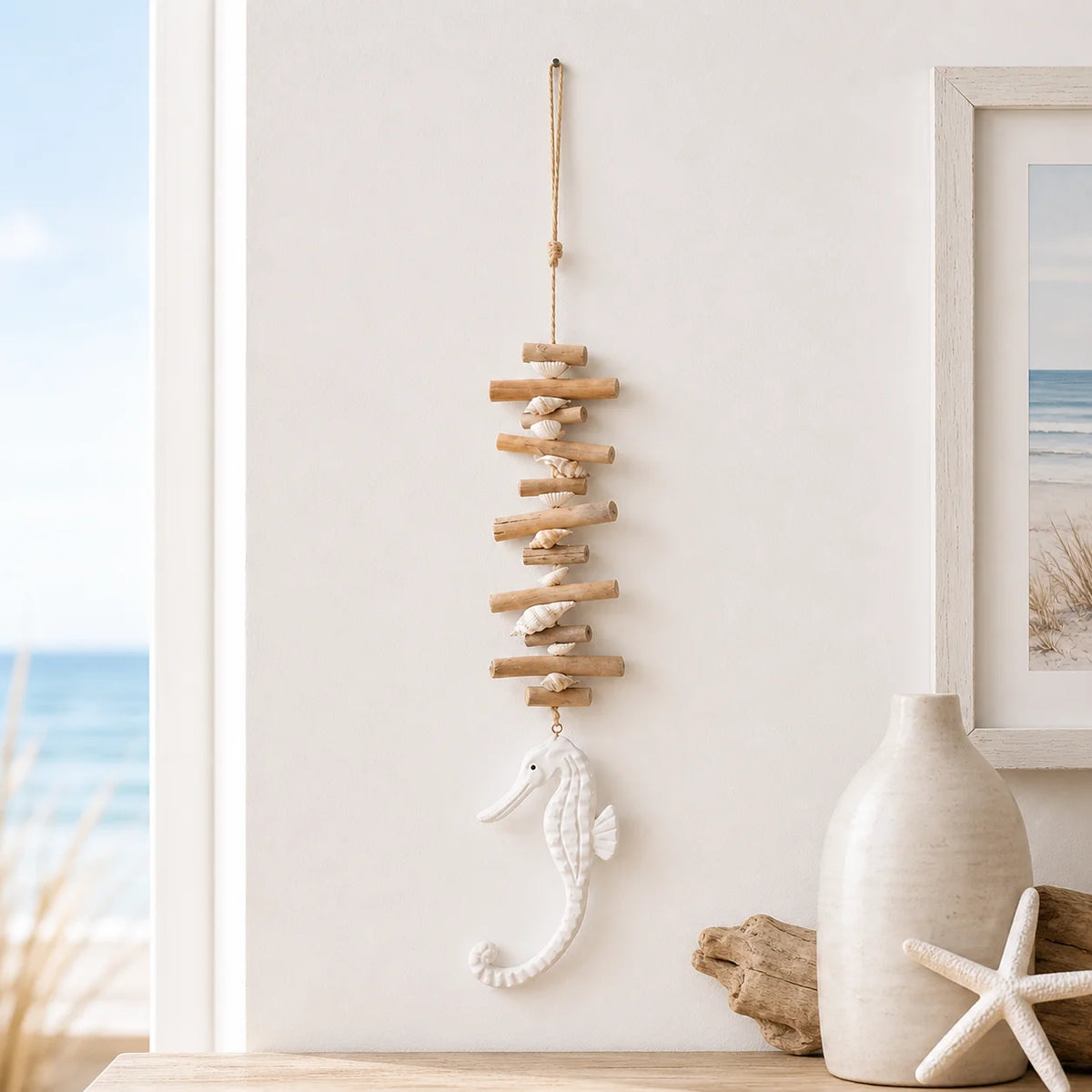 décoration murale hippocampe bois flotté coquillage suspension intérieur thème marin plage