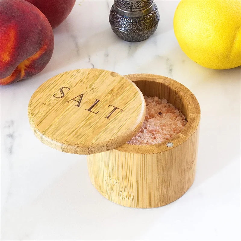 boîte sel bambou rayures horizontales aimant naturelle capacité 6oz classique cuisine organisation rustic