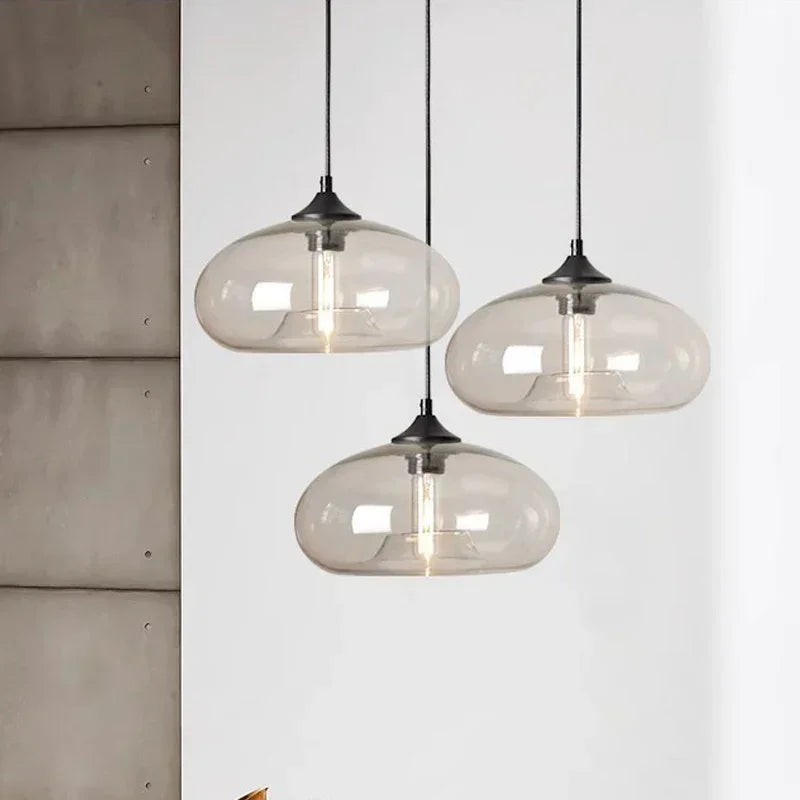 Suspension lumineuse verre soufflé moderne couleur transparent brun rouge bleu ampoule filament câble noir