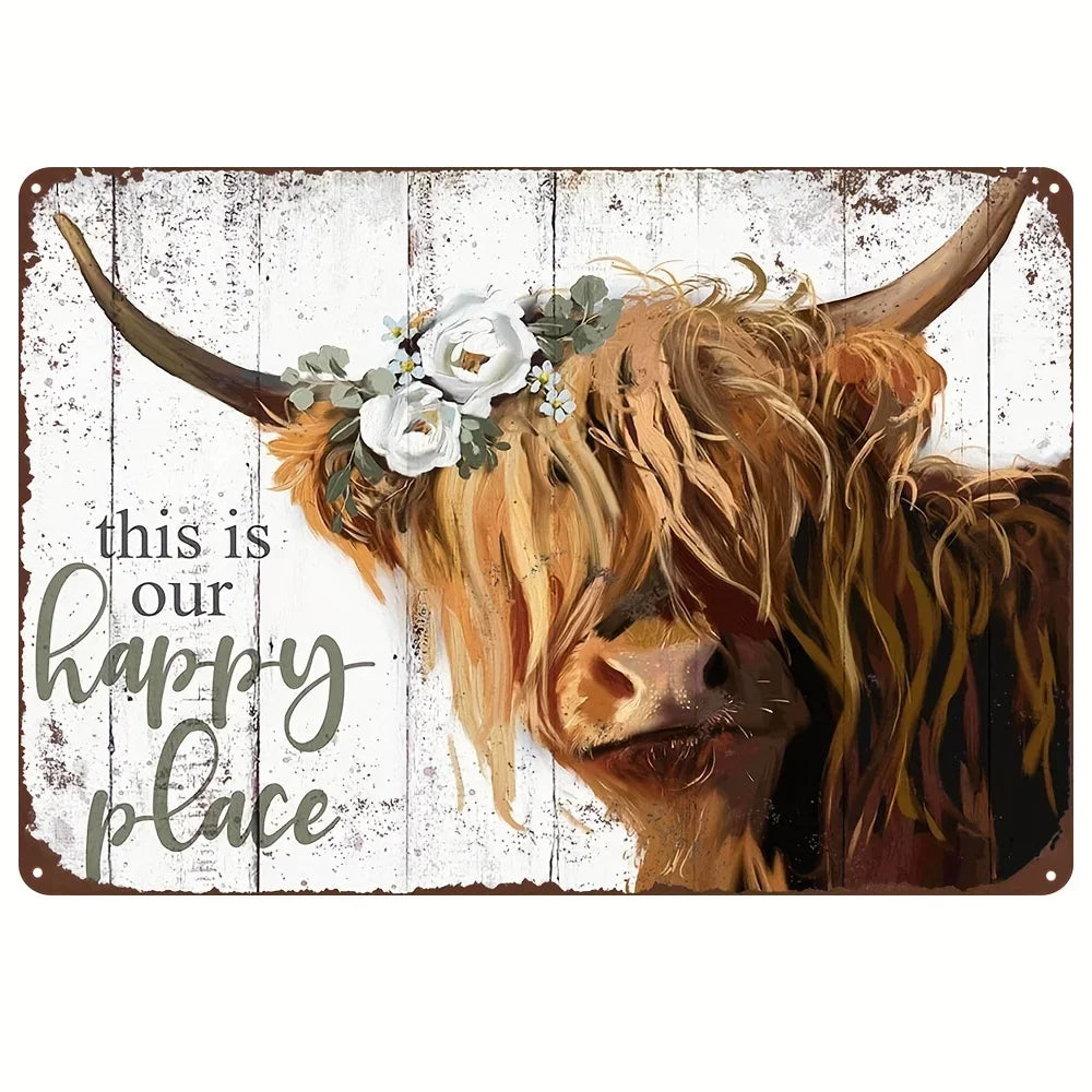 plaque métallique vache highland fleur blanche texte vintage 20x30cm mur decoration inspirationocale
