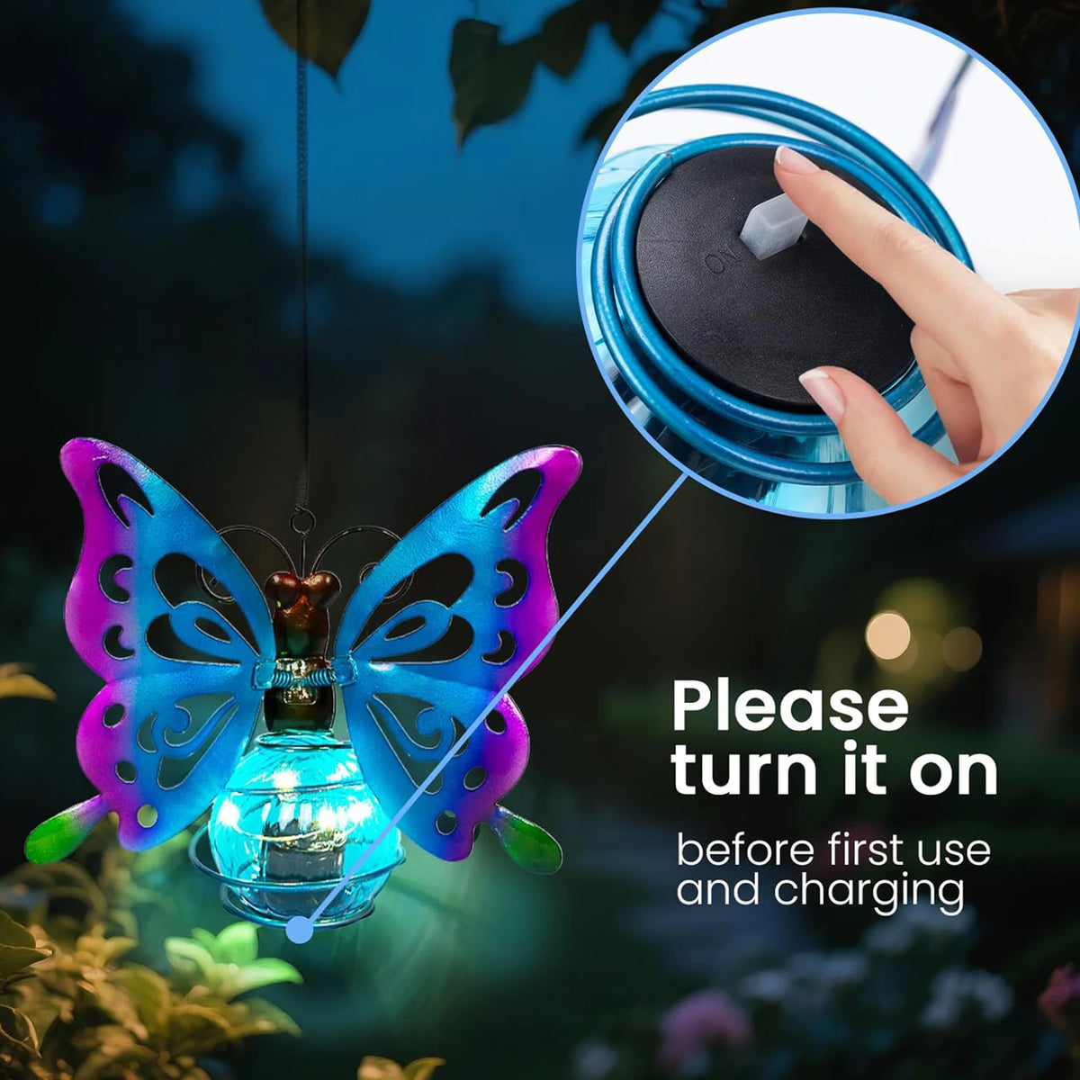 lampe solaire décorative papillon transparent moderne bleu violet vert métal bouton allumage