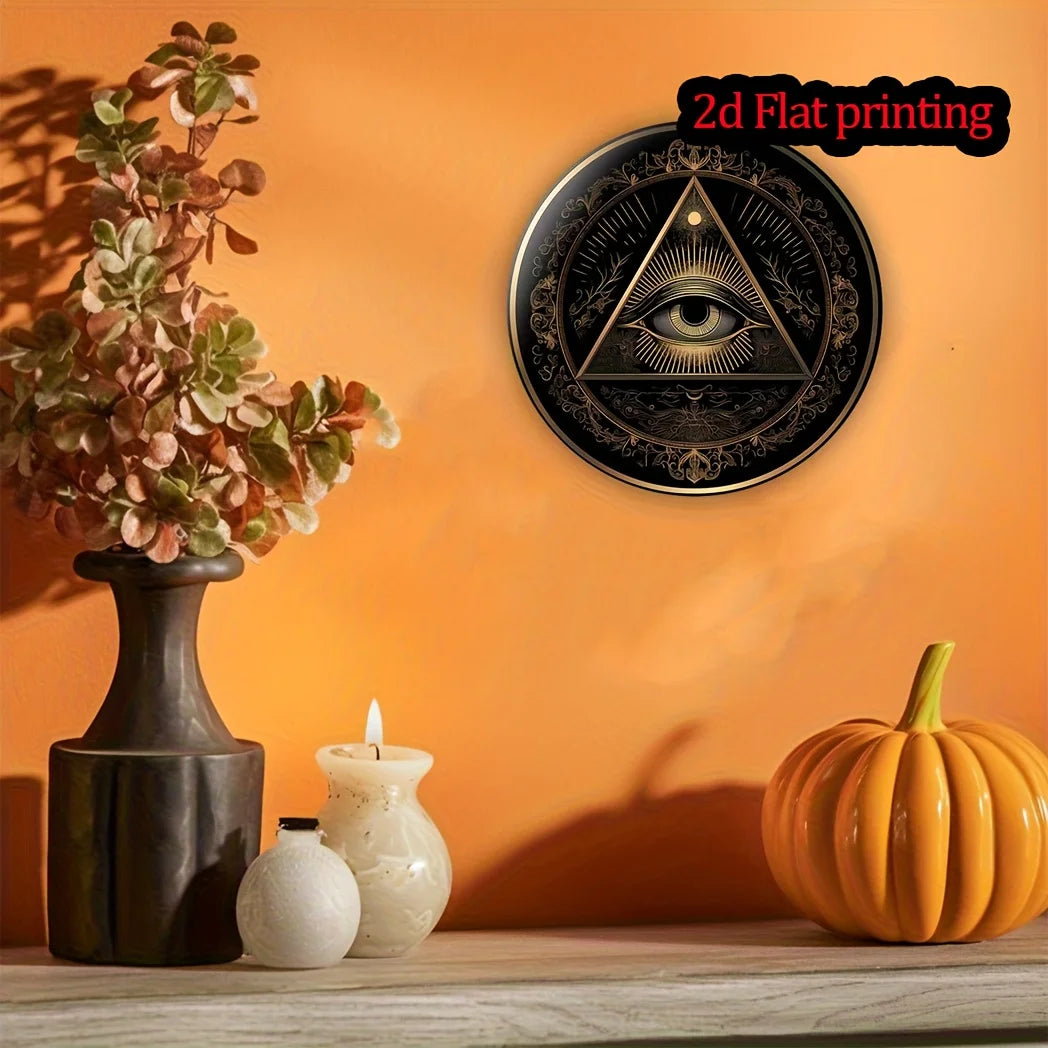 plaque murale art déco oeil tout voyant noir doré triangle floral 20cm 20cm