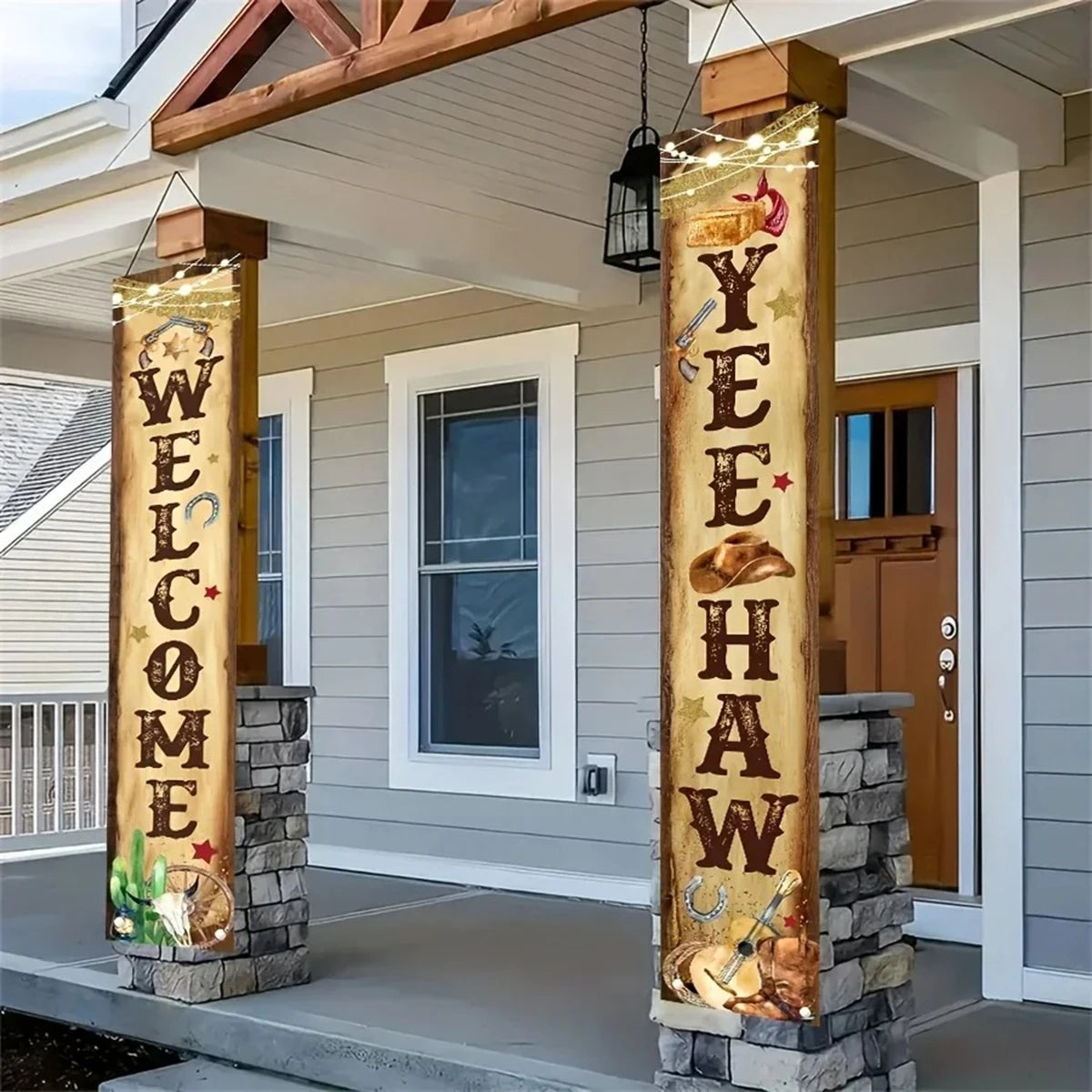bannière western welcome yeehaw étoiles cactus bottes sabots clips magnétiques guirlande lumineuse vintage automne