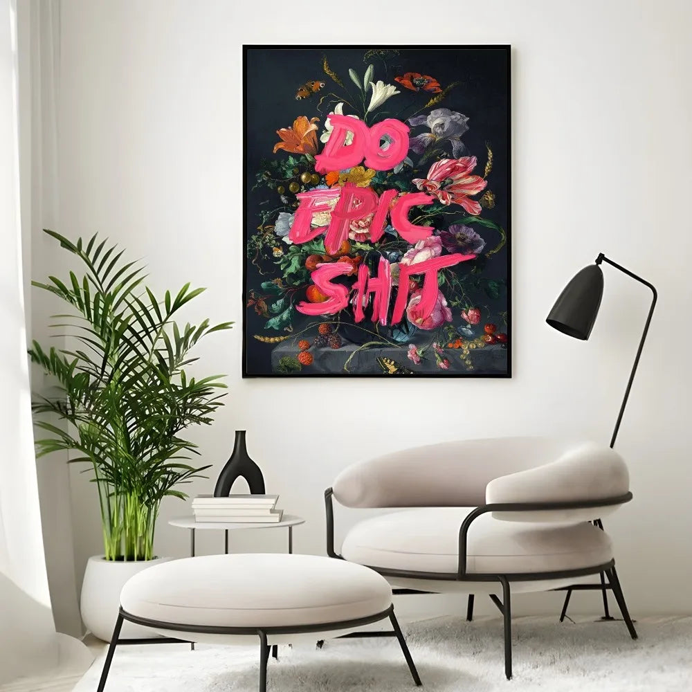 affiche moderne floral texte stylisé noir rose multicolore 15x20cm 21x30cm 30x40cm 40x50cm