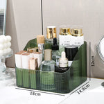 organisateur maquillage transparent moderne élégant brosse maquillage produits cosmétiques rayures verticales vert foncé doré