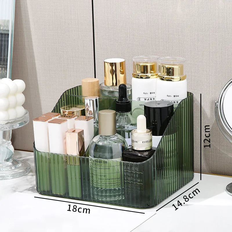 organisateur maquillage transparent moderne élégant brosse maquillage produits cosmétiques rayures verticales vert foncé doré