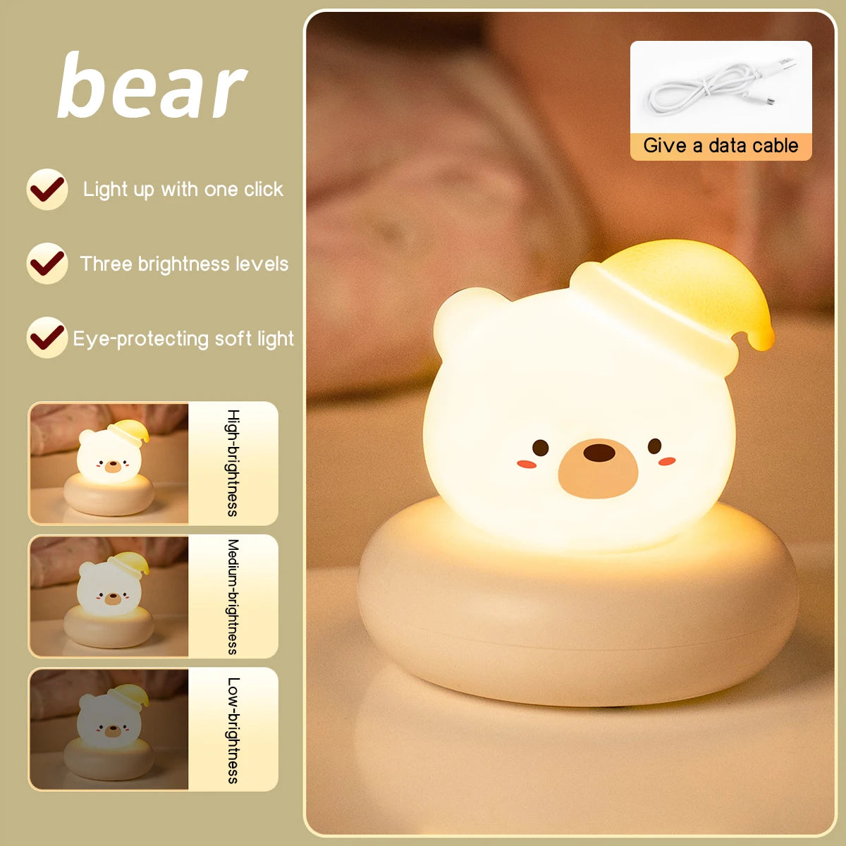 veilleuse animale cartoon mignonne tactile rose jaune blanc oreilles face chambre bébé