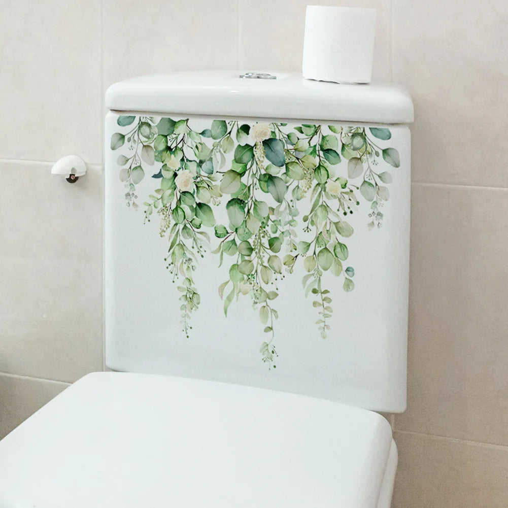autocollant mural plante verte fleur décoration moderne salle bain toilette adhésif pvc résistant eau