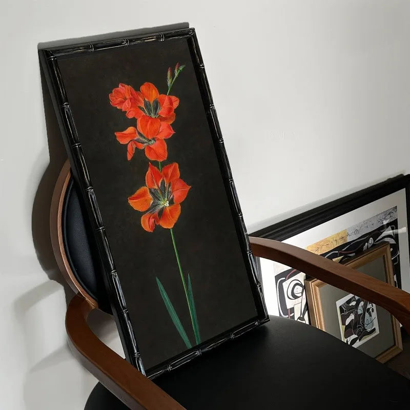 tableau fleurs classique cadre bois peinture huile toile rectangulaire opaqueintérieur décoration moderne