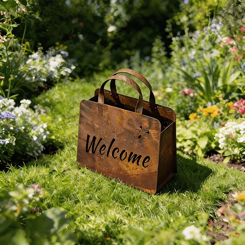 sac main vintage rustique métal poignées cuir inscription hello welcome