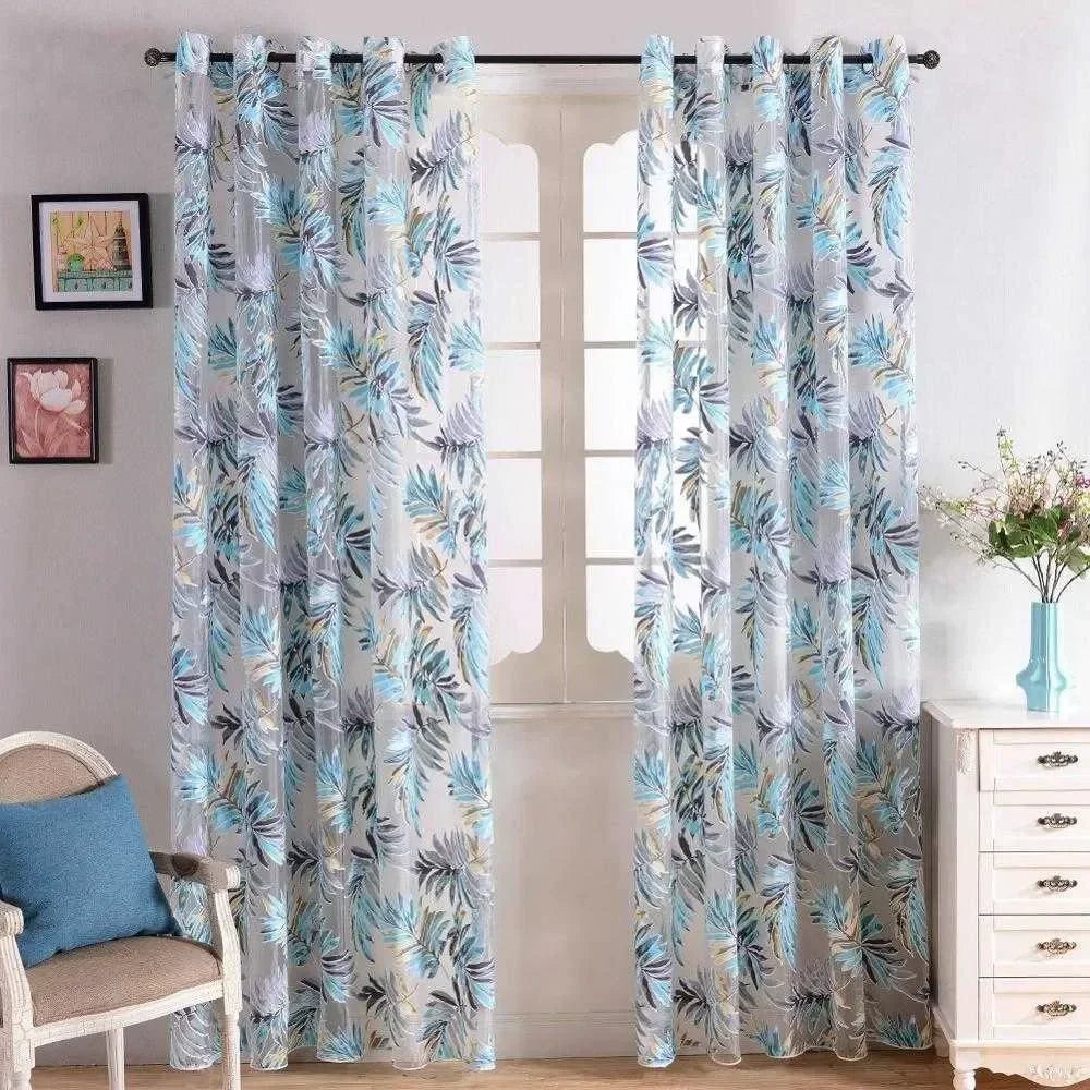 rideaux tulle feuilles tropicales bleu vert blanc modernes translucides anneaux chambre salon