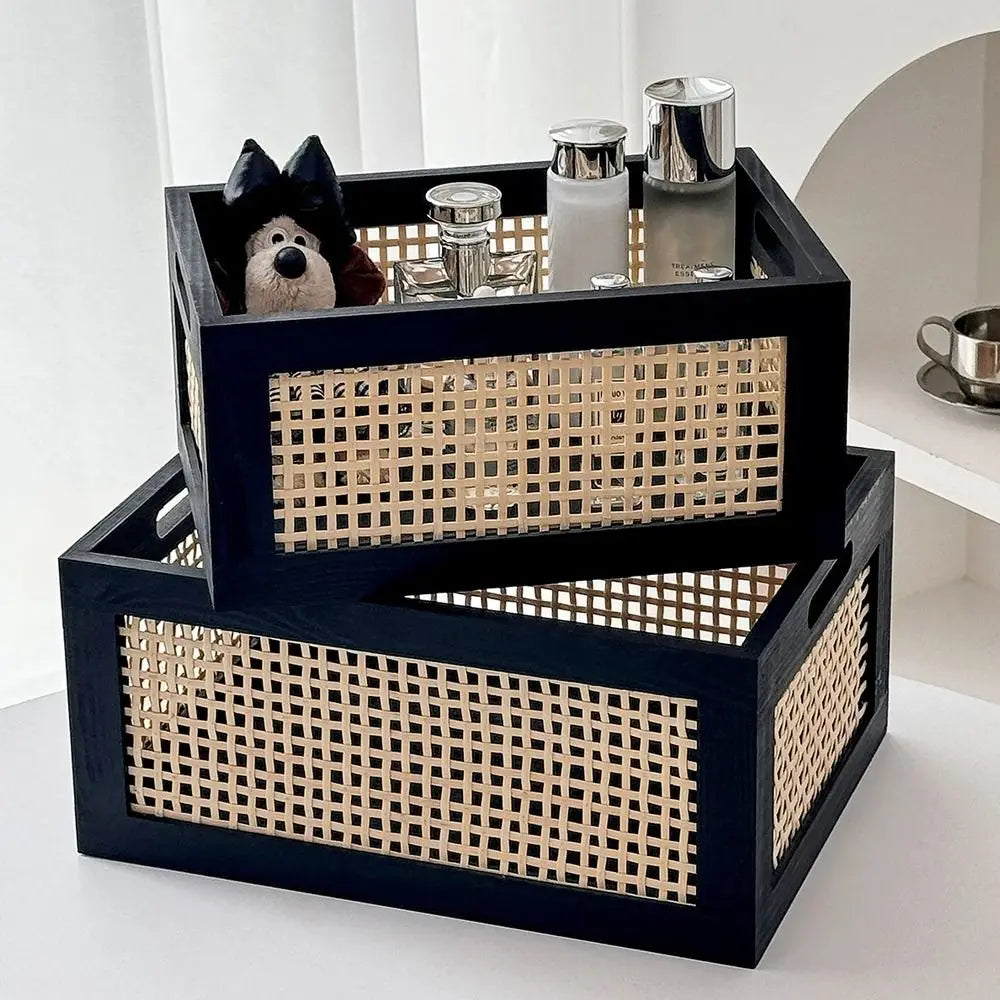 boîtes rangement rattan tressé noir beige modernes poignées grande taille organisation intérieure scandinave
