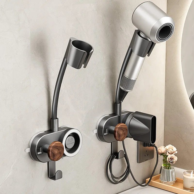 porte sèche cheveux mural gris métallisé bois finition moderne minimaliste prise câble salon