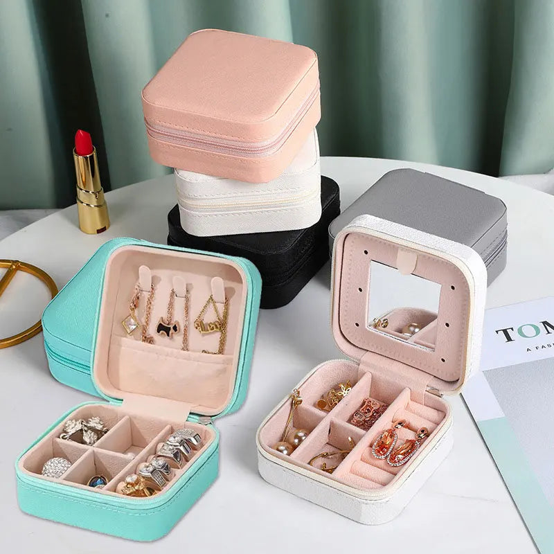boîtes bijoux simili cuir compartiments moderne miroir cordon fermeture vert rose gris noir blanc