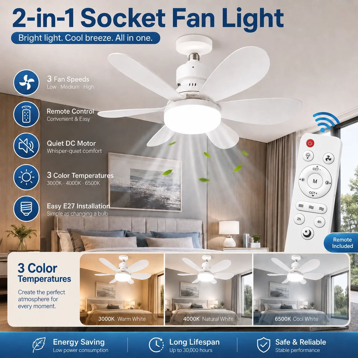 ventilateur lumière led télécommande modes blanc moderne fixations vis chambre salon