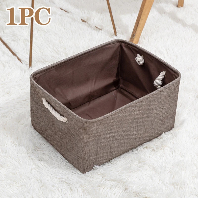 paniers rangement toile lin gris bleu rose beige pliables réutilisables moderne rustique poignées corde