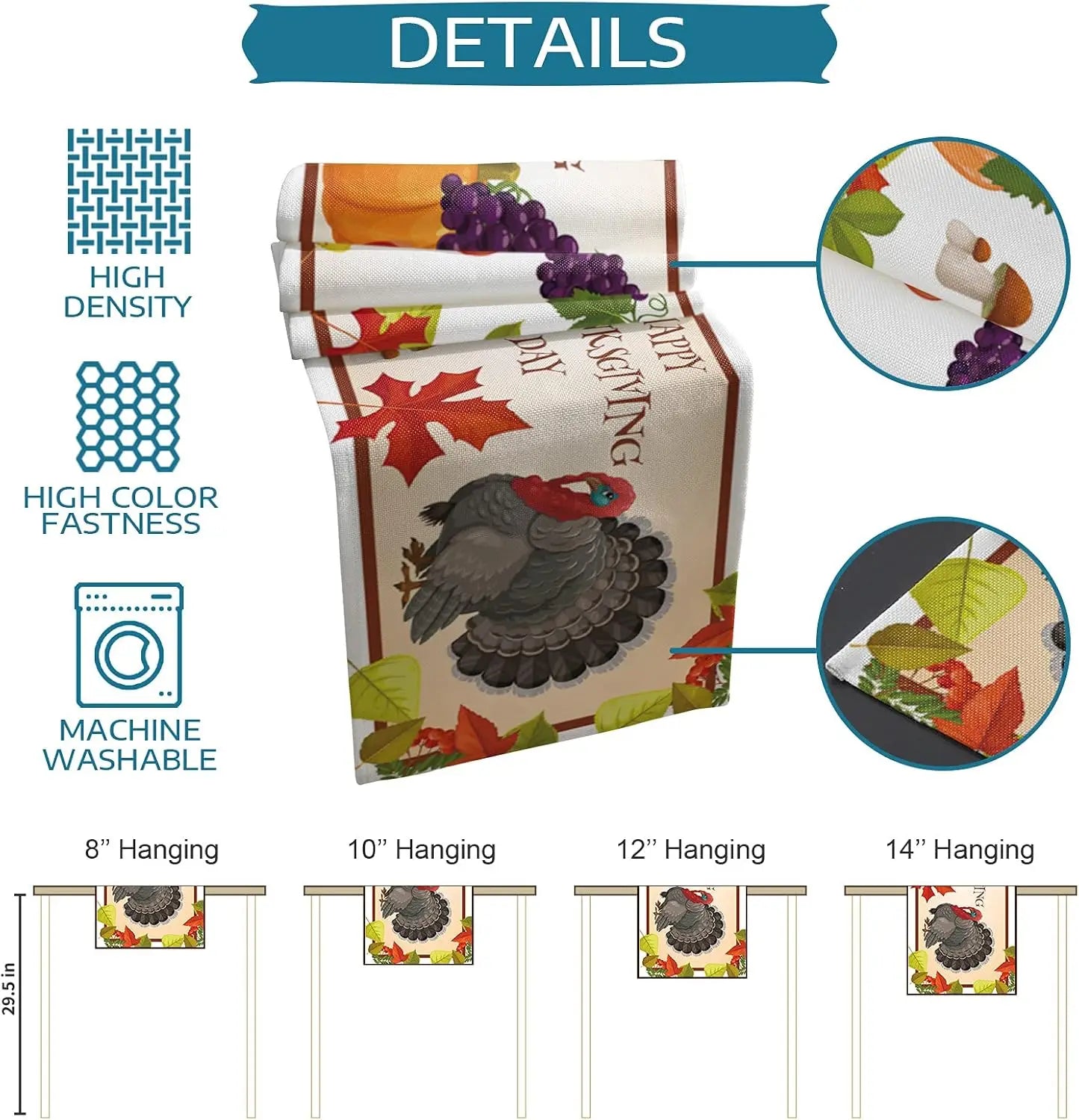 L'image présente un motif décoratif automnal avec des feuilles rouges et des raisins pourpres, ainsi qu'un oiseau gris perché sur une branche. Le produit est proposé en différentes tailles de suspension.