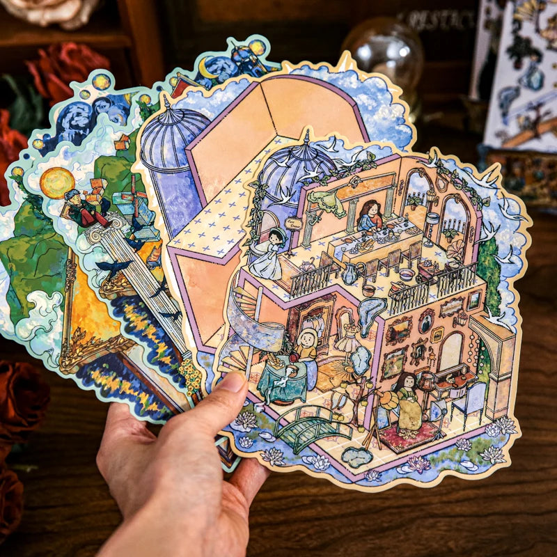 sticker vintage steampunk puzzle livre ouvert illustration détaillée personnages bâtiments floral multicolore enfants