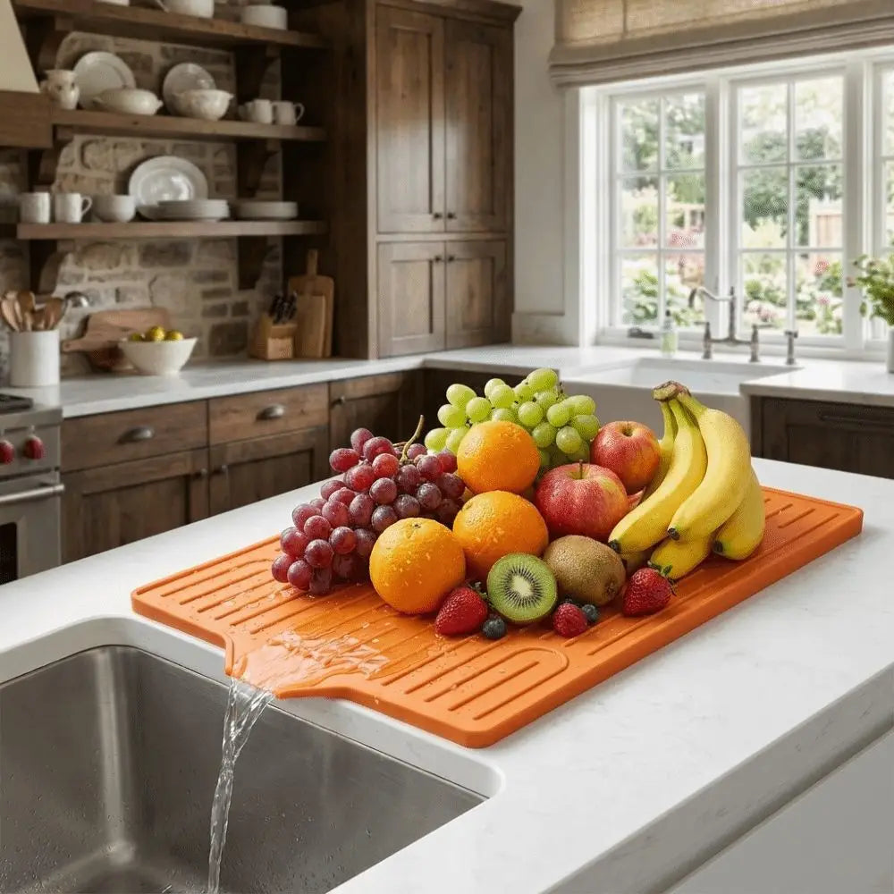 tapis drainage silicone orange moderne grooves antidérapant cuisine évier séchage vaisselle